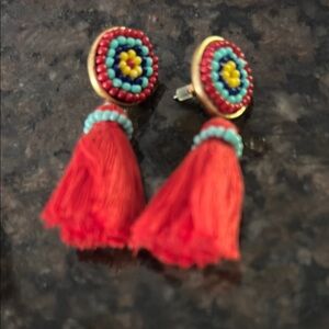 J. Crew Red Tassel Earrings with Blue Accents